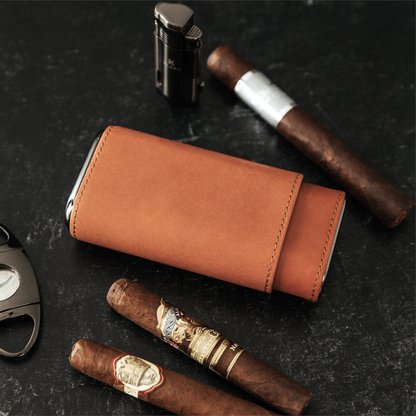 Premium 3 Cigar Protective Travel Case - Saddle Brown